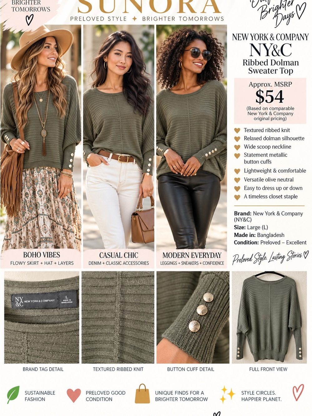 New York & Company Olive Ribbed Dolman Sweater with Metallic Button Cuffs